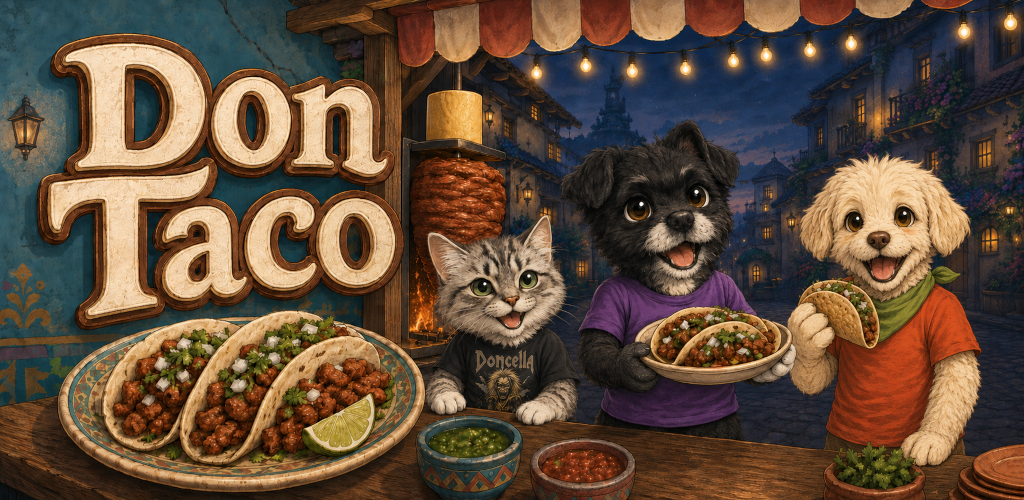 Don Taco: un gato gris y dos perritos disfrutan tacos en una taquería mexicana.